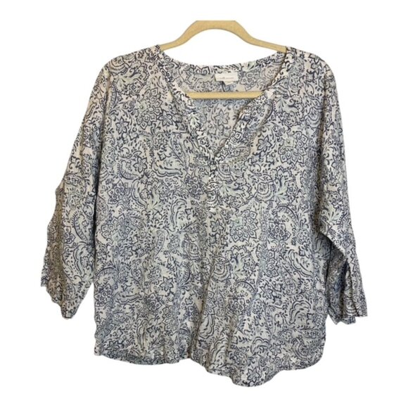 J. Jill Blouse Women's Size Large Petite Love Linen Floral V-Neck Purple White - Picture 1 of 4